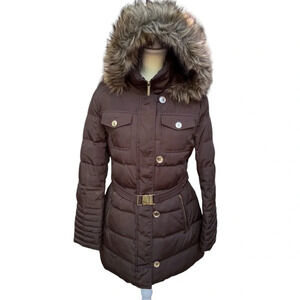 MICHAEL Michael Kors Chocolate Puffer Coat with Faux Fur Hood